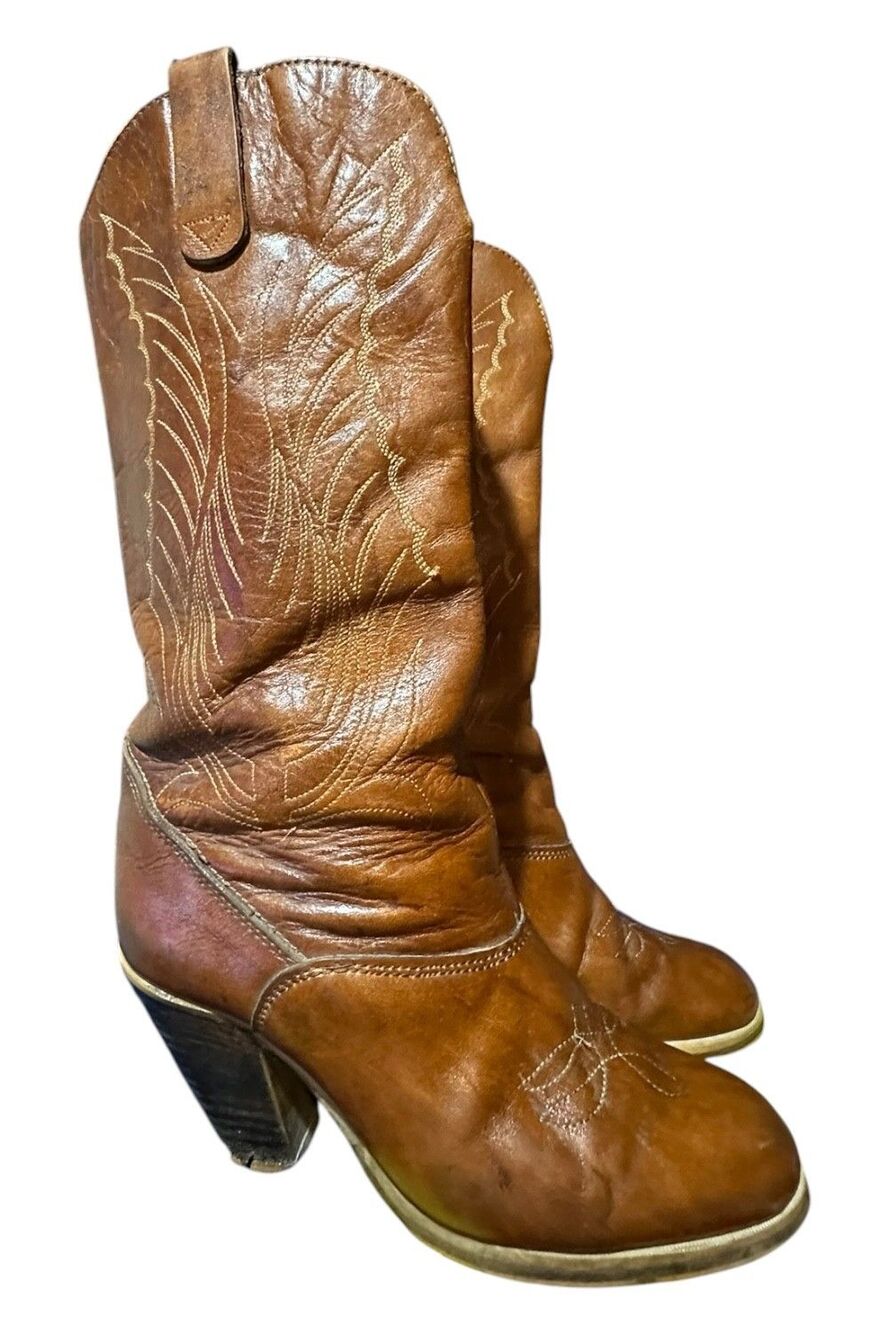 Vintage Hanna Western Canada Cowgirl Boots 70's Brown Leather Mid Calf Sz US 6